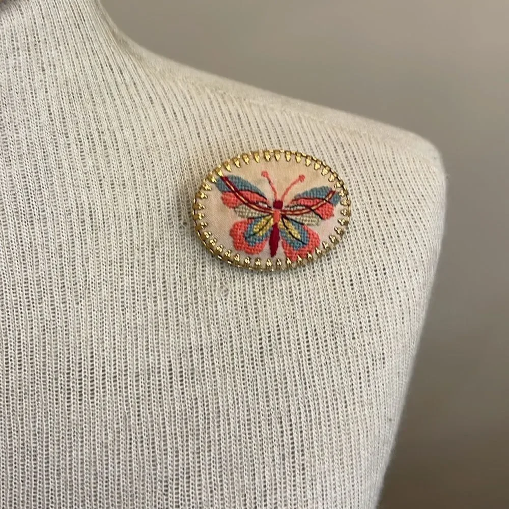 Vintage Embroidered Needlepoint Butterfly Petit Point Brooch Pin